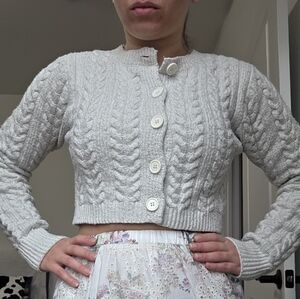 Cropped Cable Knit Button-Front Sweater Cardigan - White